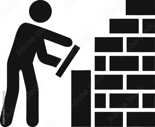 Builder actively constructing a brick wall using a traditional hand trowel construction icon