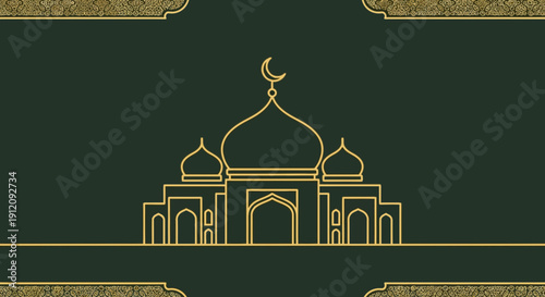 Mosque Line Art Illustration with Crescent Moon.