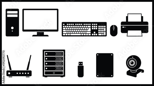 Computer and office equipment icons in black and white