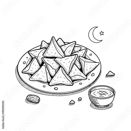 Samosas on a Plate with Dip.