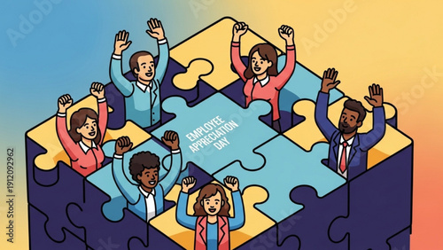 High-quality black outline colorful art of puzzle pieces coming together as a team metaphor, employees celebrating shared success, Employee Appreciation Day illustration