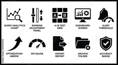 Business analytics and optimization icons set for data analysis and performance metrics
