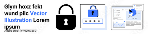 Cybersecurity, data protection, online privacy, digital security, password management, secure systems. Black padlock, password field and data analytics. Cybersecurity and data protection concept