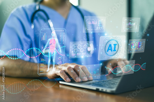 A healthcare professional analyzes data on a laptop, showcasing the integration of AI and medical technology in modern healthcare.