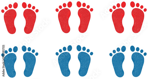 Cad drawing flat vector, stylized footprint icon set, textured sole pattern, red and blue footprints, human foot silhouette illustration, design element collection