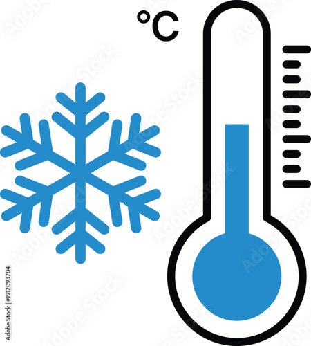 Blue snowflake symbol next to thermometer showing cold temperature celsius