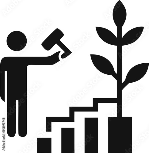 Diligent individual nurtures a growing plant through distinct stages of progressive development and achievement