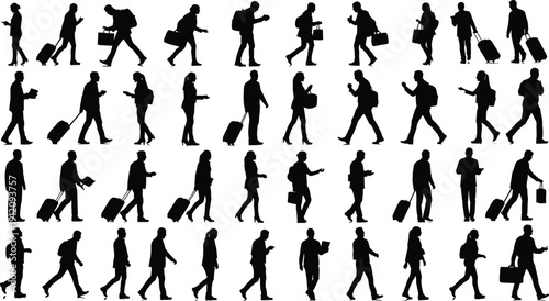 Business People Walking Silhouettes Collection, Corporate Travelers with Suitcases and Briefcases Vector Set