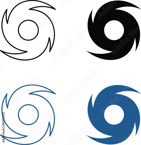 Four hurricane symbols in black outline solid black blue outline and solid blue storm weather symbol