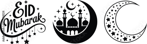 Eid Mubarak Vector Elements Set with Calligraphy, Mosque Silhouette, and Moon with Stars.