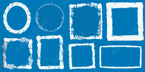 Abstract white shapes circles and rectangles on a blue background