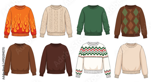 Collection of various colorful knit sweaters with different patterns and designs
