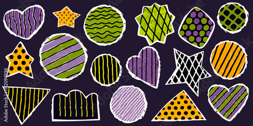 Colorful geometric shapes with varied patterns in a playful arrangement