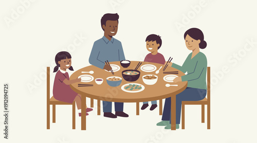 Family enjoying meal together at round table home dining bonding lifestyle soft gradient flat vector illustration family relationship concept isolated on white background
