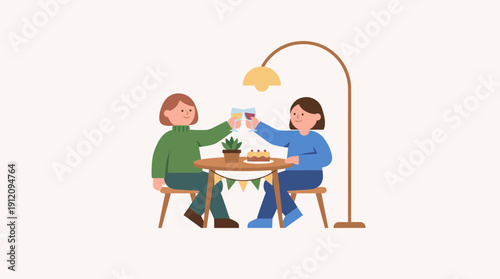Friends celebrating birthday dinner at table with cake and drinks soft gradient flat vector illustration social gathering concept isolated on white background