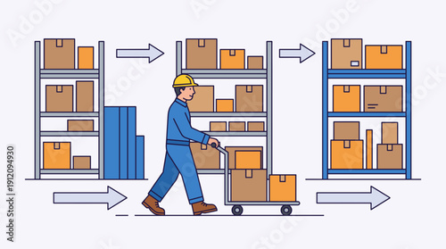 Warehouse workflow process worker moving goods with trolley inventory management outline flat vector illustration logistics process concept isolated on white background