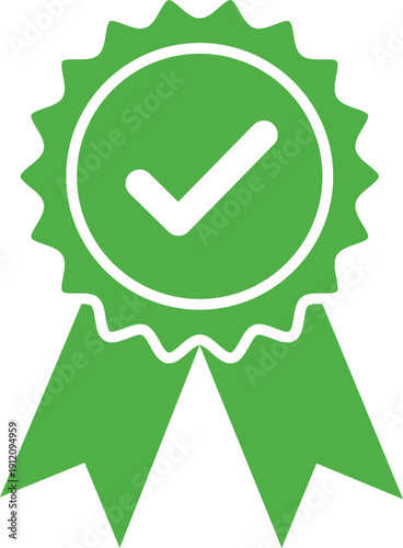Green ribbon with white checkmark symbol and serrated edge