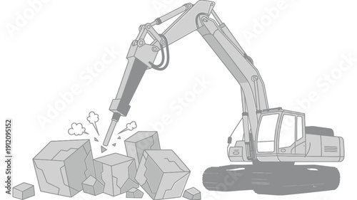 Excavator machine demolishing rocks with hydraulic hammer attachment on construction site