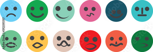 Colorful feedback emoji faces, emoticons ranging from happy to sad, for surveys, rating systems, user feedback, and UI elements as a rating scale or for collecting feedback on satisfaction and mood
