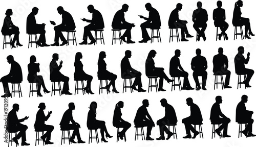 Men and Women Sitting Silhouettes Collection, Seated People on Stools Vector Set