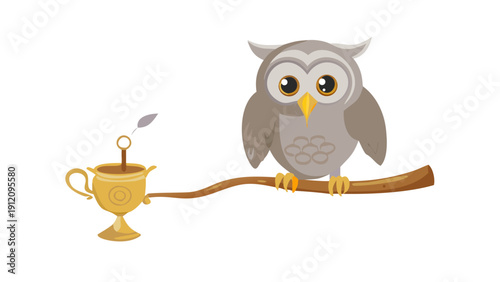 A wise grey owl sitting on a branch, using one wing to pour Arabic coffee from a gold Dallah into a tiny cup.