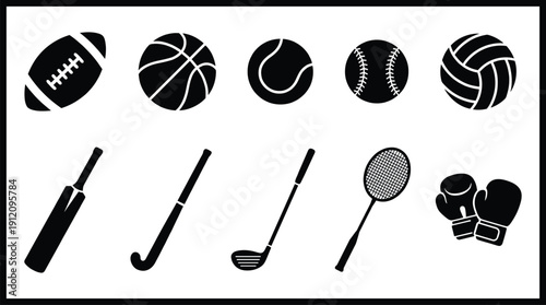 Sports equipment icons, various balls and rackets