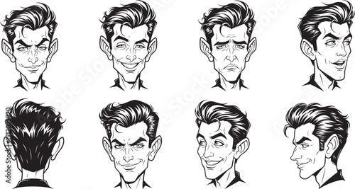 Stylized Handsome Male Character Expression Sheet with Pompadour Hairstyle and Dynamic Facial Poses in Bold Black and White Vector Line Art