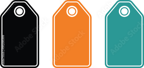 Three blank price tags in black orange and teal with white outlines label