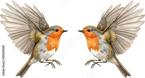 Two European robin illustrations facing each other symmetrically, wings fully spread, detailed orange-red breasts, brown and gray feathers.