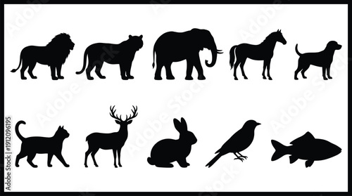 Black silhouettes of various animals on white background