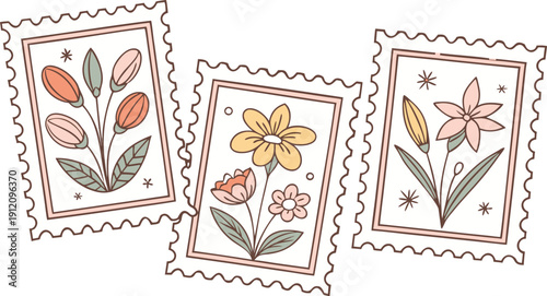 Flower Postage Stamp Postcard Set. Flowers in vases postal stamps. Cute Floral Spring Blossom Postal Frame. Hand Drawn Vector Illustration 
