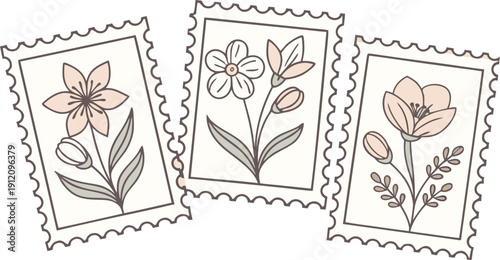 Flower Postage Stamp Postcard Set. Flowers in vases postal stamps. Cute Floral Spring Blossom Postal Frame. Hand Drawn Vector Illustration 