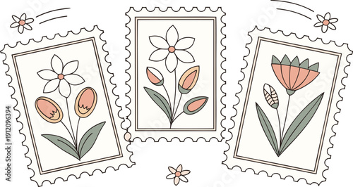 Flower Postage Stamp Postcard Set. Flowers in vases postal stamps. Cute Floral Spring Blossom Postal Frame. Hand Drawn Vector Illustration 