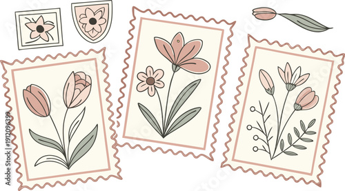 Flower Postage Stamp Postcard Set. Flowers in vases postal stamps. Cute Floral Spring Blossom Postal Frame. Hand Drawn Vector Illustration 