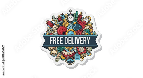 A colorful sticker with various objects and a blue banner reading 'FREE DELIVERY' on a white background in a flat lay composition with vibrant tones.