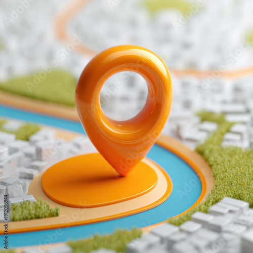 orange location pin stands prominently on a stylized city map with a winding river and green spaces. The modern 3D design symbolizes navigation, GPS tracking, and digital mapping technology
