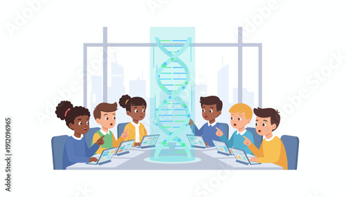 Scientists collaborating around a table with a large DNA double helix model in a modern laboratory setting viewed from the side