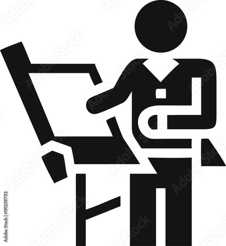 Professional presenter explaining information on a large display board to an audience