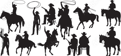 Cowboy silhouettes set in various poses, western-themed designs, logos, and graphics.  includes figures riding horses, walking, and holding lassos. vector