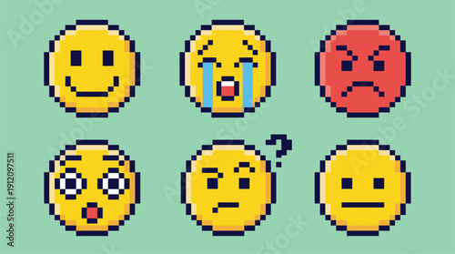 Six different pixelated emojis with various facial expressions on a green background.