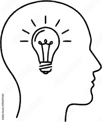 Head silhouette with light bulb inside drawing of human mind and idea, concept of creative thinking and solution discovery