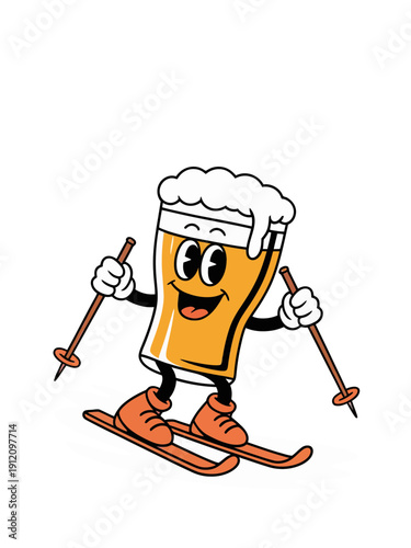 A playful cartoon beer glass character is seen joyfully skiing, embodying the refreshing spirit of winter sports and celebration