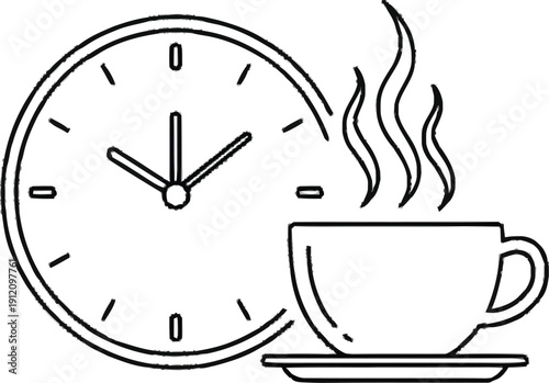 A clock and steaming coffee cup outline sketch, suggesting a coffee break or time for a drink, drawn with simple black lines