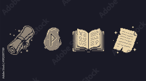 Vintage style illustrations of ancient scrolls and manuscripts.