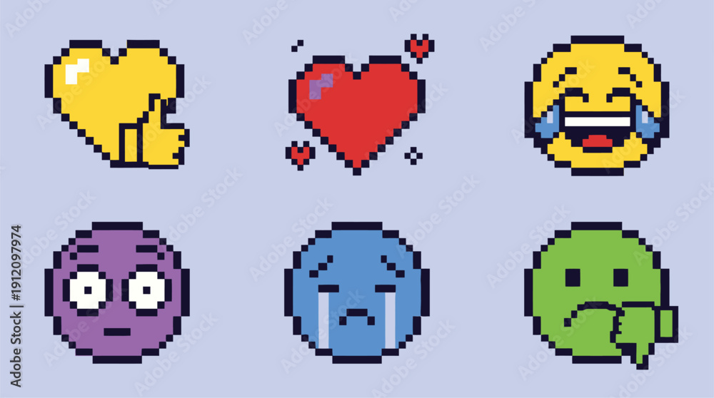 Fototapeta premium Collection of various emoticon faces in pixel art style.