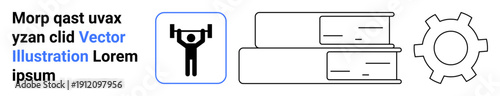 Weightlifter raising a barbell, two stacked books symbolizing learning, and a gear for engineering. Ideal for fitness, learning, progress, innovation, productivity, personal growth simple landing
