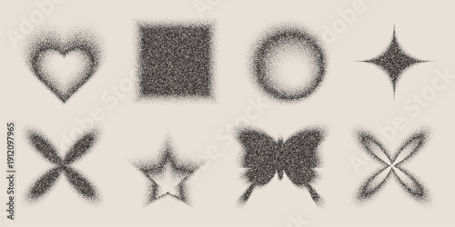 Grainy gradient shapes, flower and butterfly, circle and heart in Y2K retro style, vector illustration set. Noisy halftone patterns, pixelated dots, and abstract floral and geometric icons