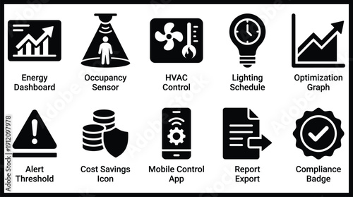 Energy management system icons on a white background