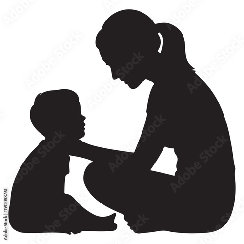 Mother kneels to speak with her child, sharing a quiet moment, gentle touch, understanding, loving gaze, parent child interaction, peaceful scene