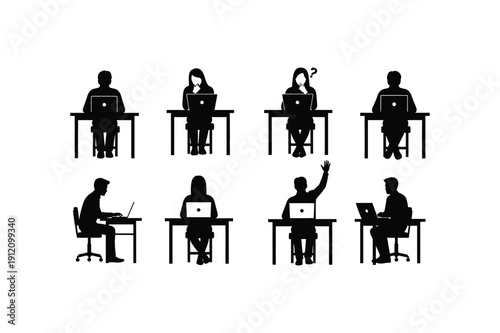 Silhouette of people sitting at desks in office setting various poses and activities